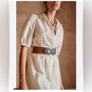 Sezane Cream Eyelet Dress with Tan Belt